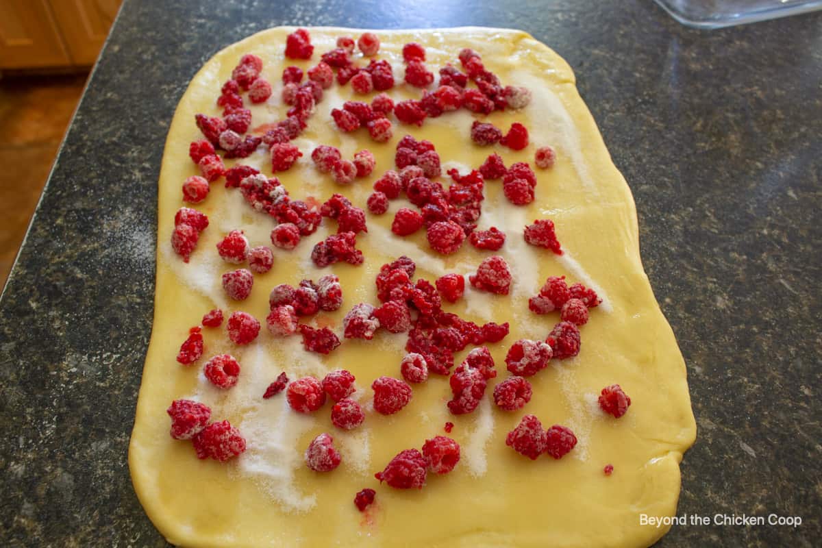 Raspberries sprinkled on dough.