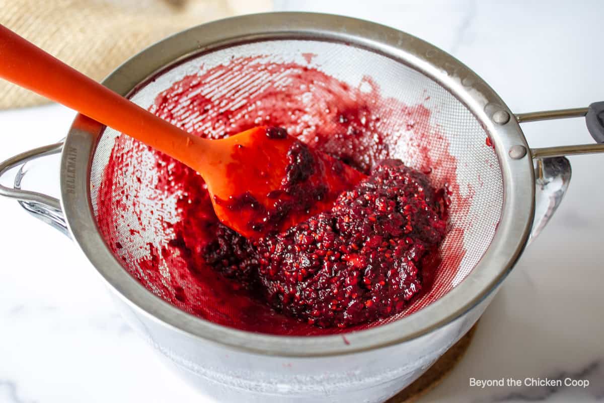 Blackberry seed and pulp left in a sieve.