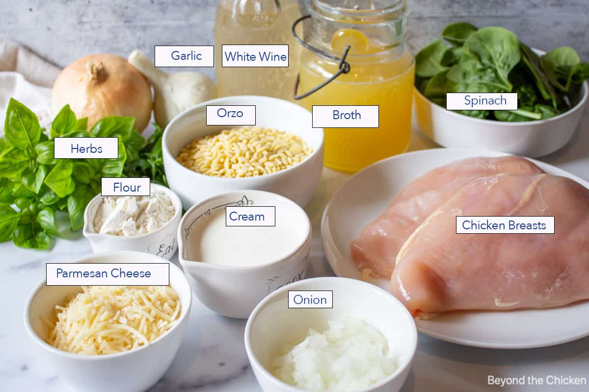 Ingredients for making a chicken and pasta dish.