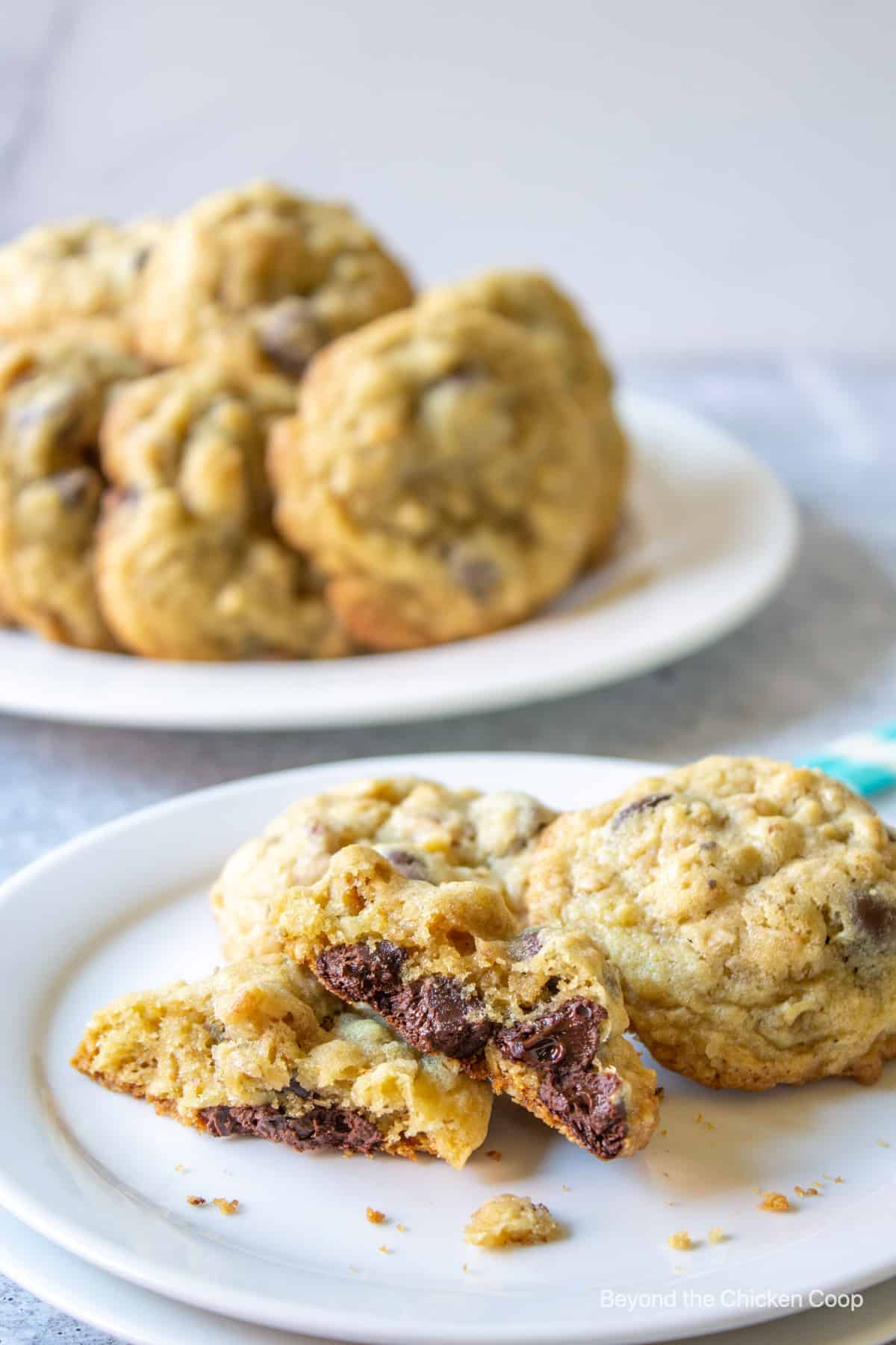 A broken cookie on a plate.