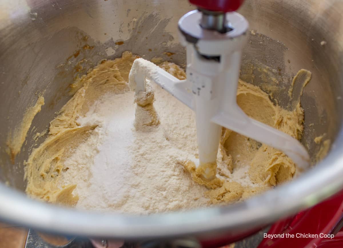 Flour in cookie dough in a mixer.