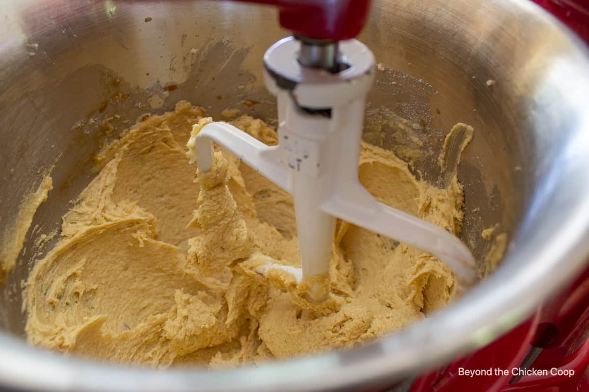 Cookie dough in a mixing bowl.