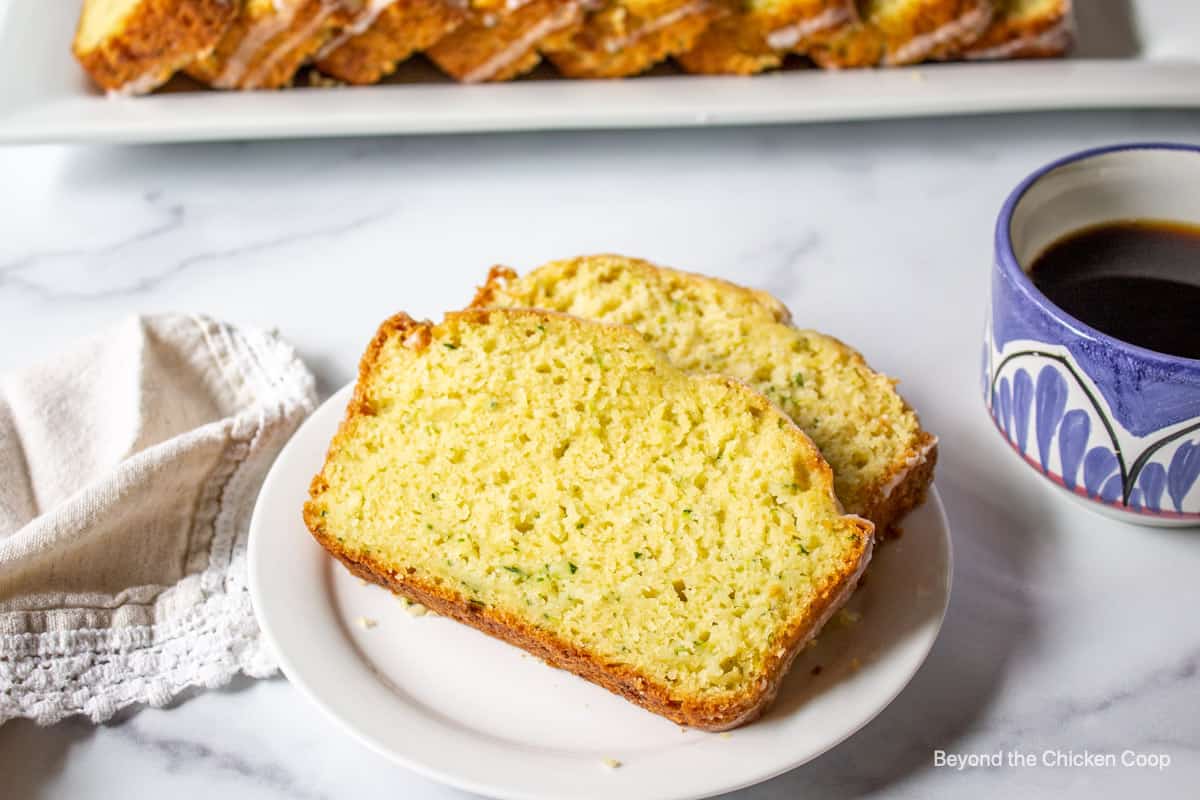 Two slices of zucchini bread on a plate.