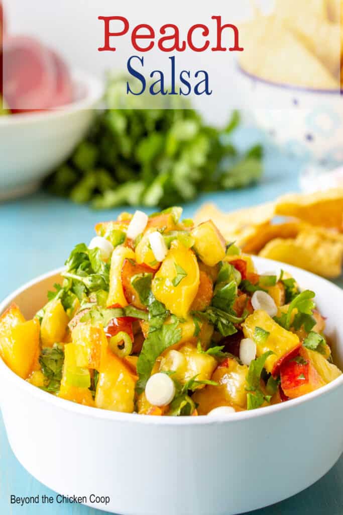 A bowl of fresh peaches dices with cilantro and onions.