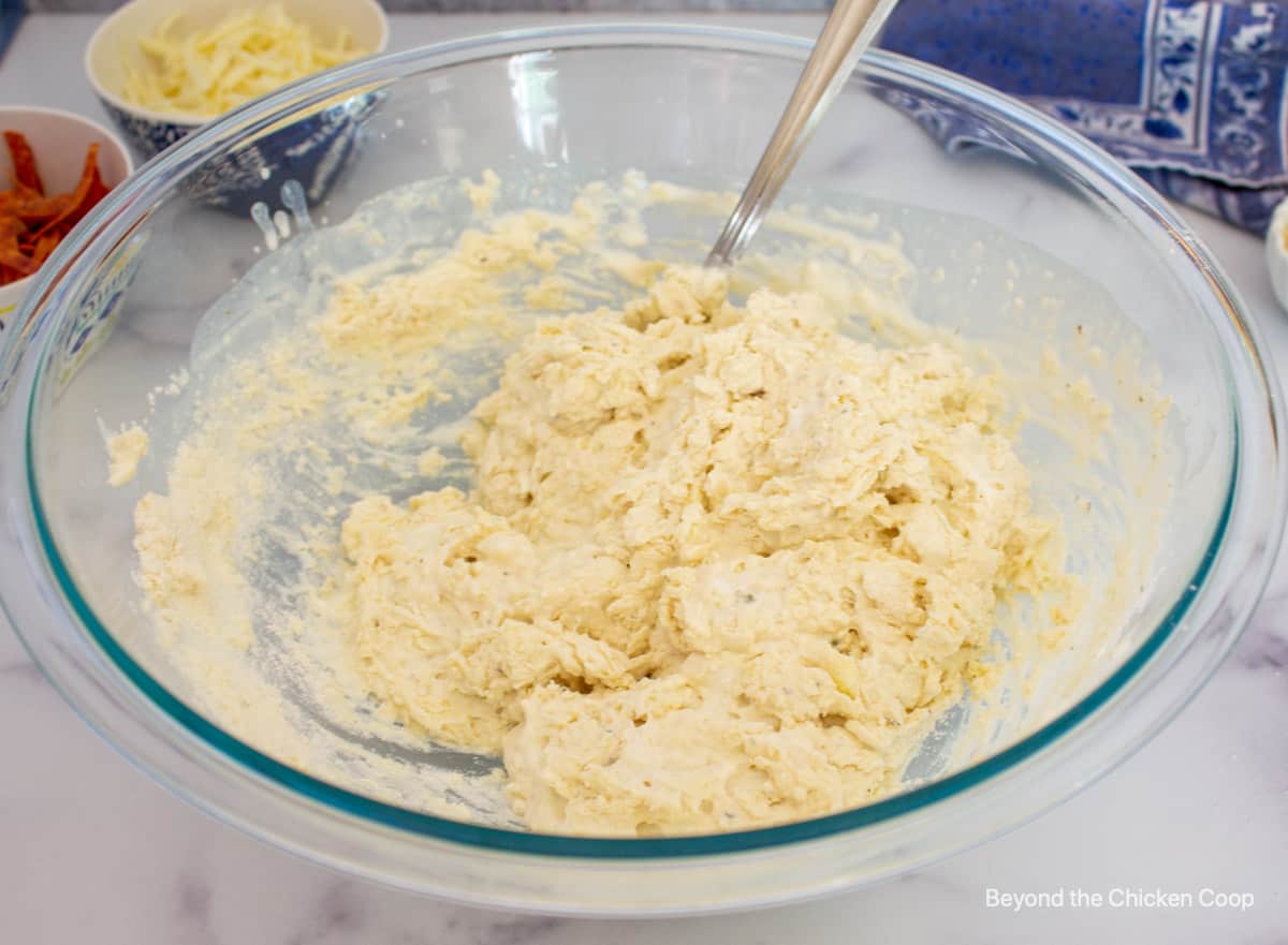 Biscuit dough in a bowl.