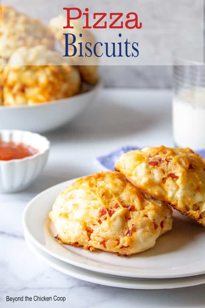 Two biscuits on a white plate.