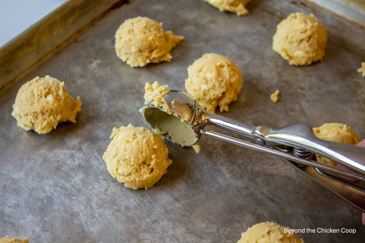 Cookie dough formed into balls and placed on a cookie sheet.