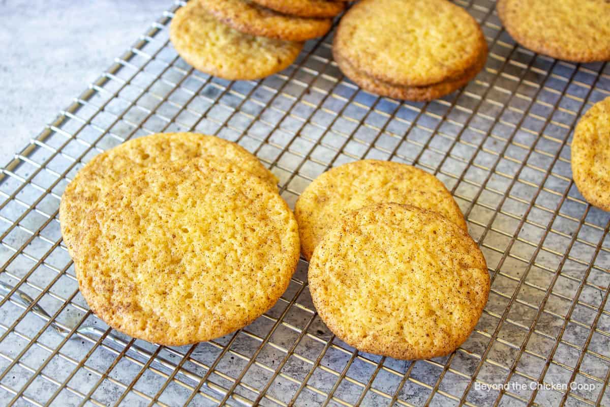 Two different sized cookies on a baking rack.