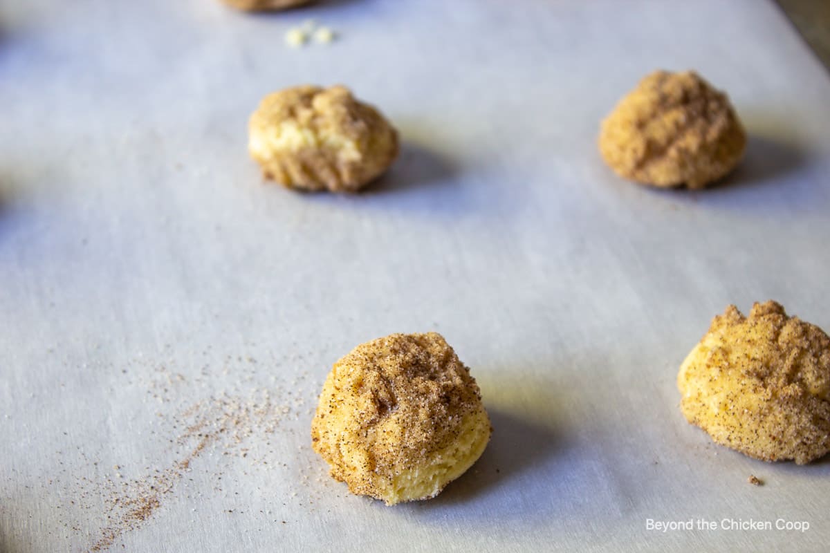 Cookie dough balls with cinnamon and sugar on a baking sheet.