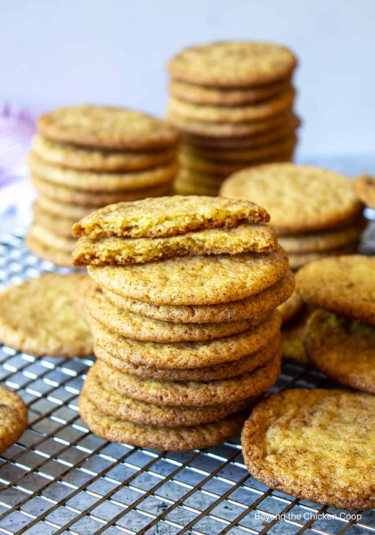 A stack of cookies on a baking rack.