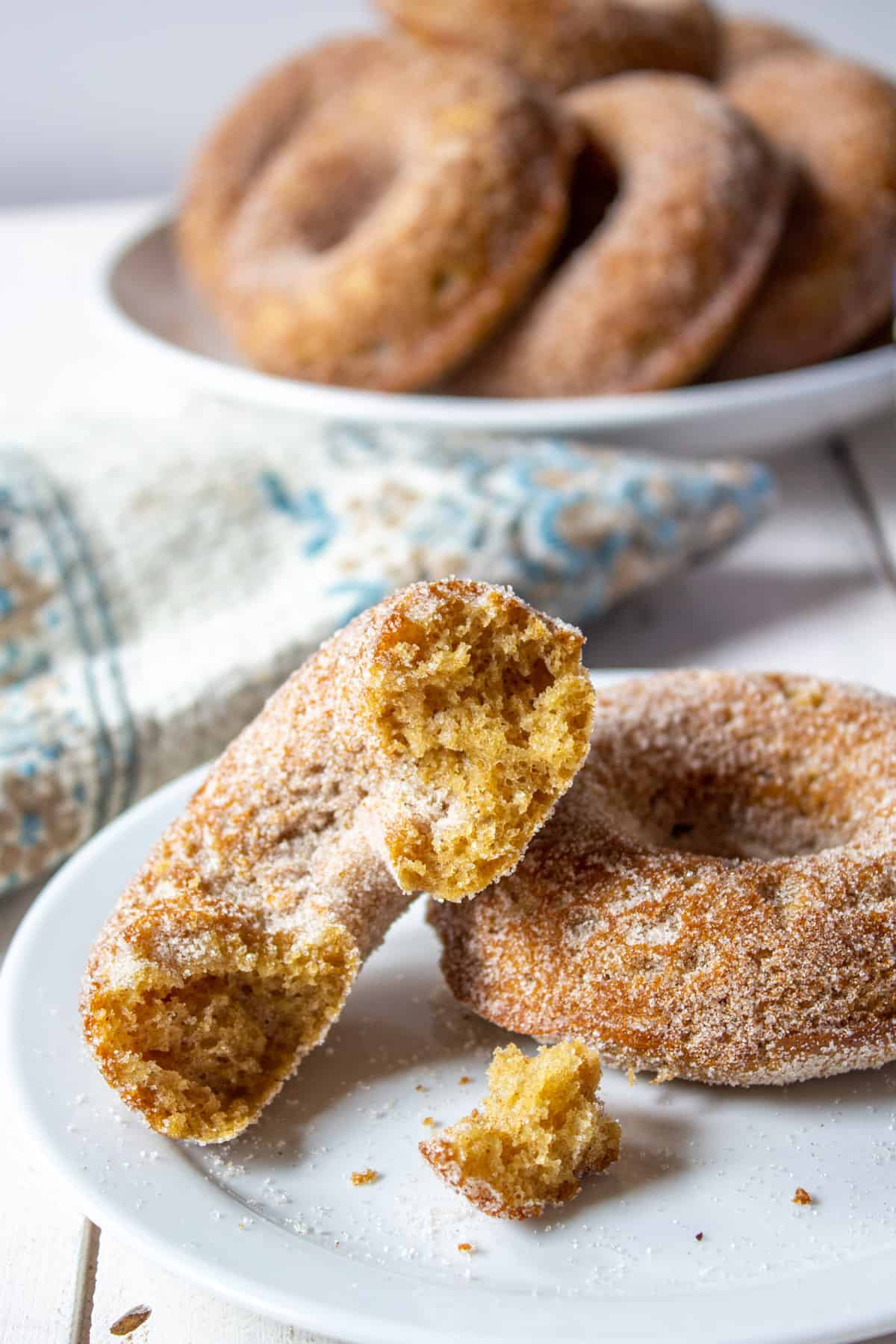 A cinnamon sugar donut on a plate.