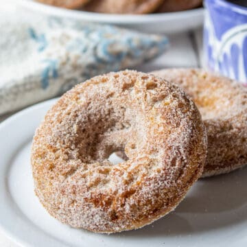 Two donuts with a sugar coating on a plate.