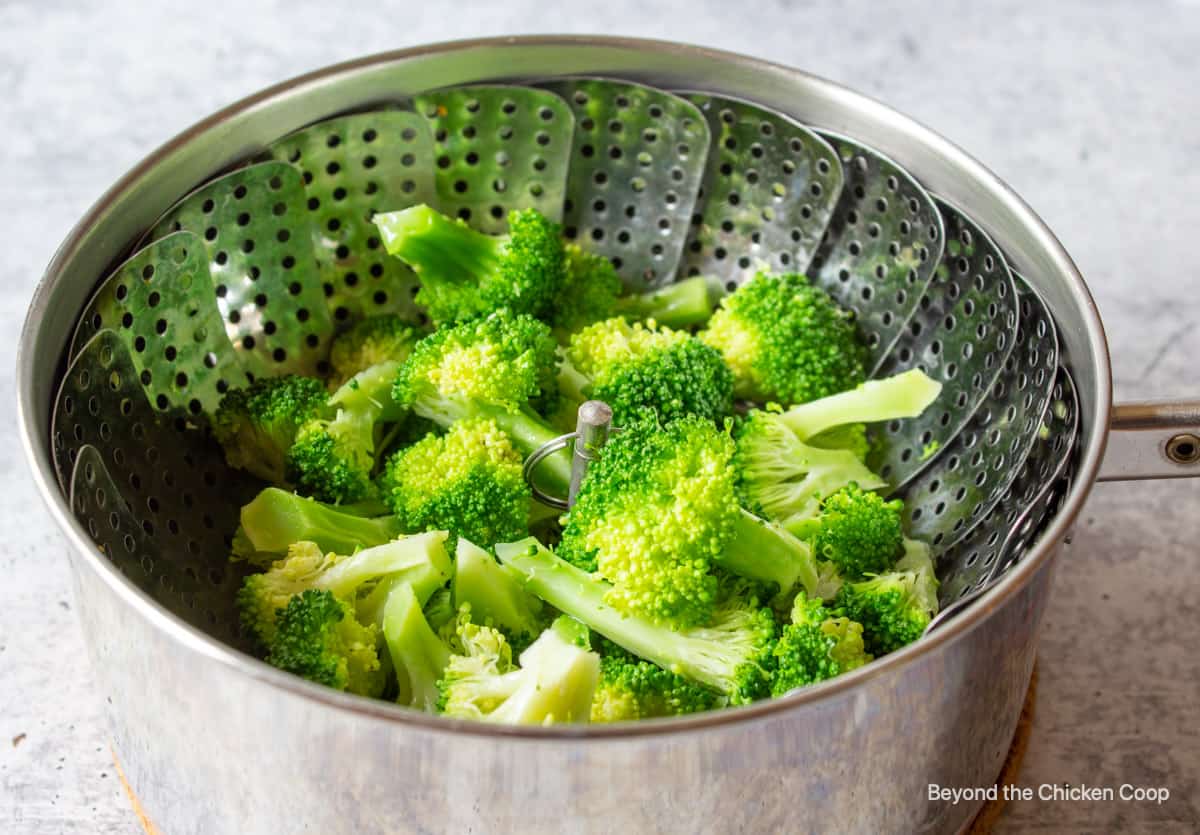 Steamed broccoli in a pot.