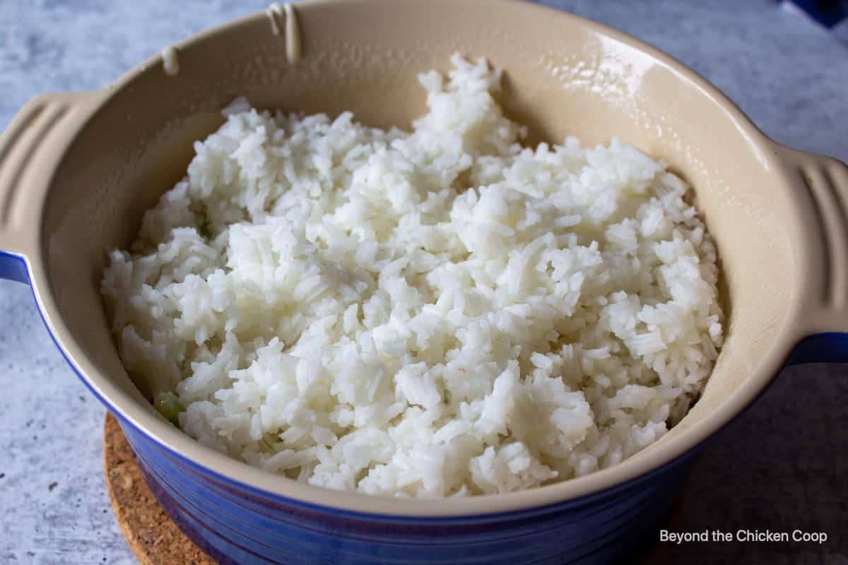White rice in a casserole dish.
