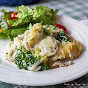 A creamy casserole filled with broccoli and chicken.