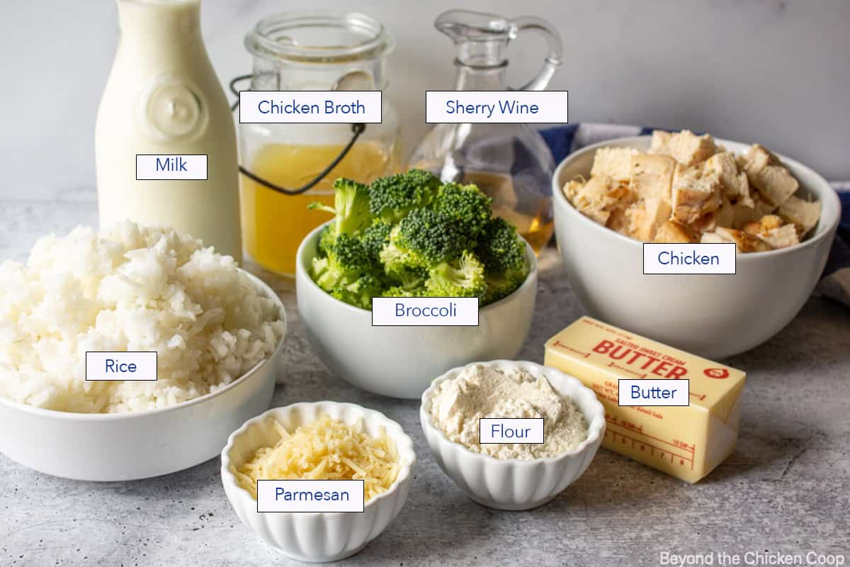 Ingredients needed for making a chicken and rice casserole.