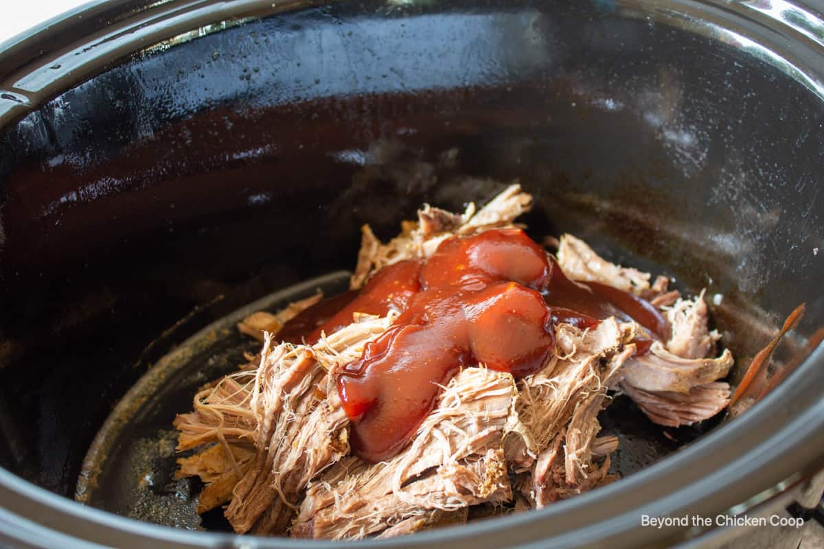 BBQ sauce on shredded pork.