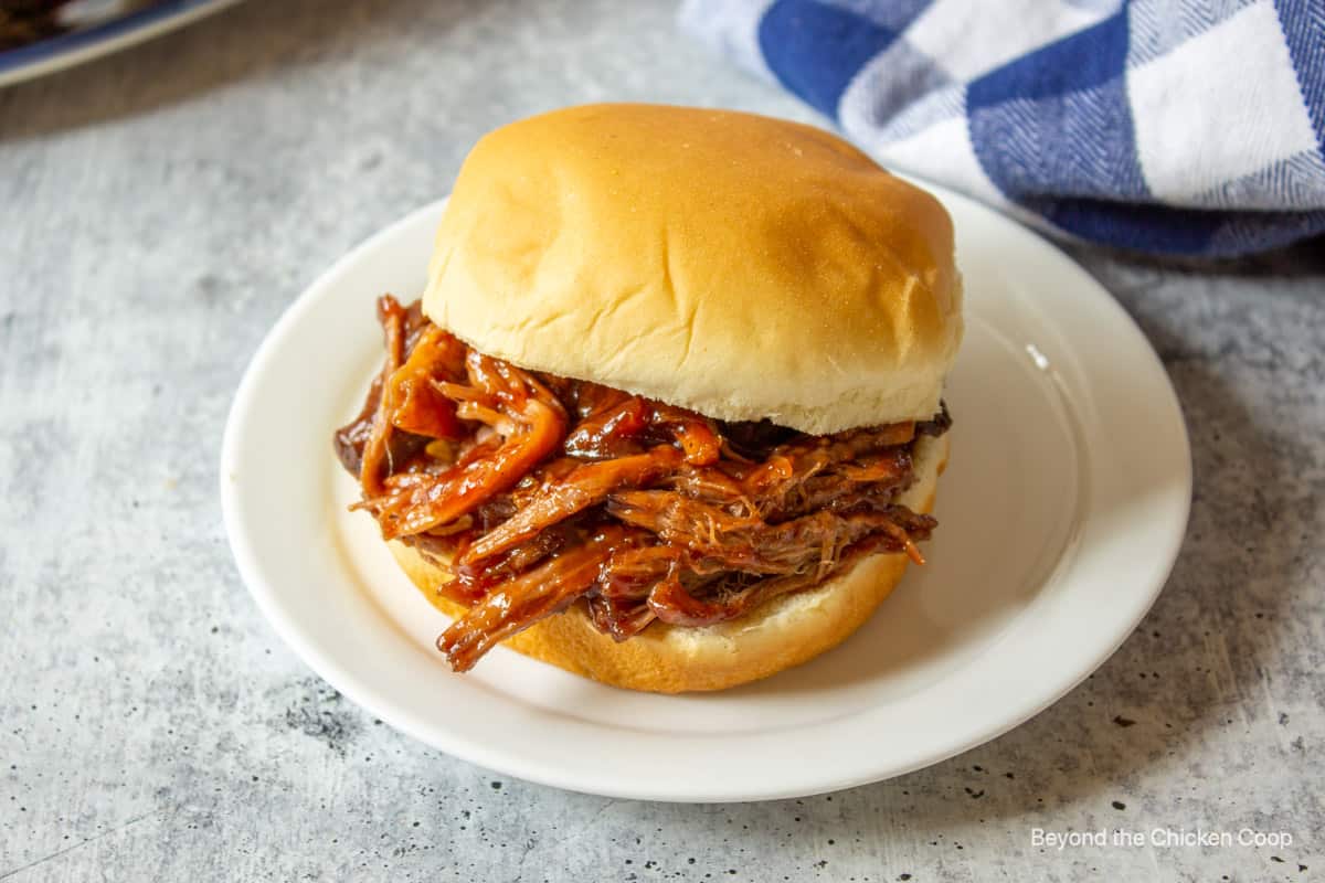 A pork sandwich with barbecue sauce.