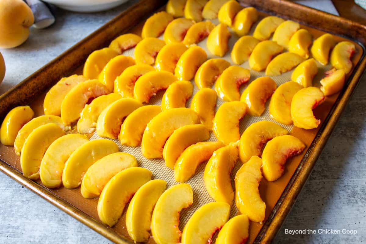 Sliced peaches on a baking tray.