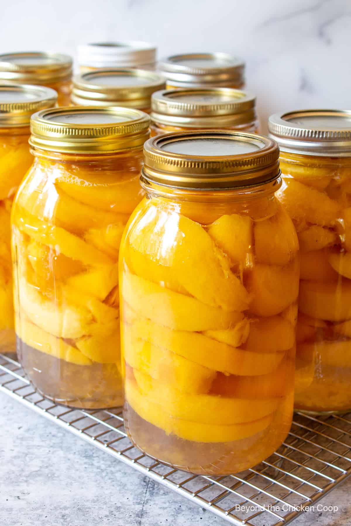 Canning jars filled with sliced peaches.