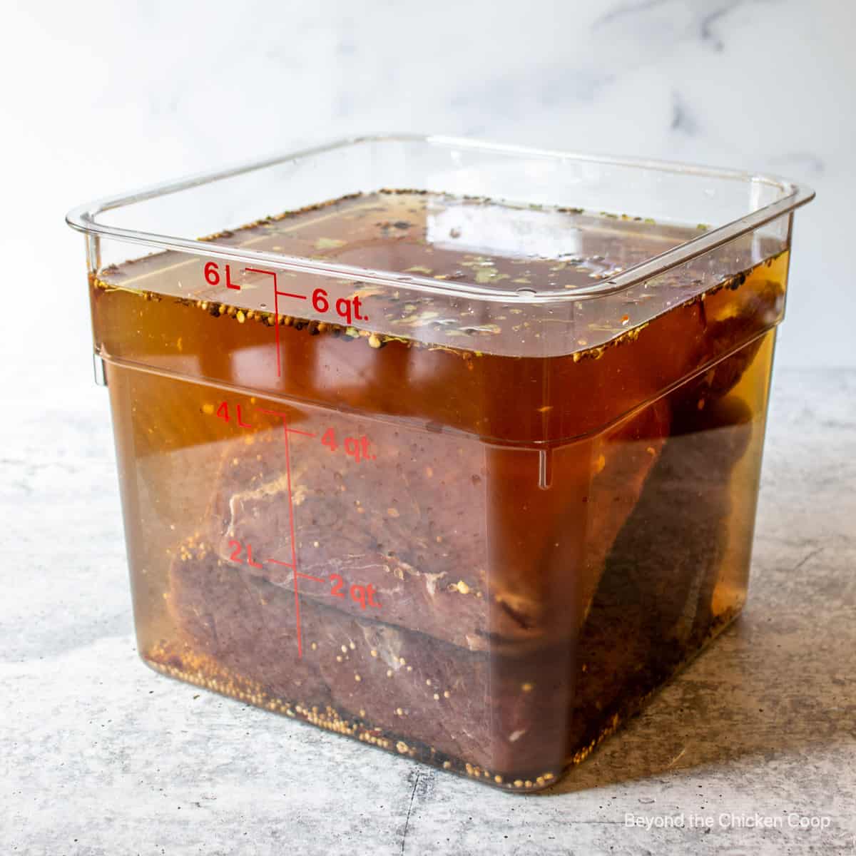 Roasts in a container filled with a brine.