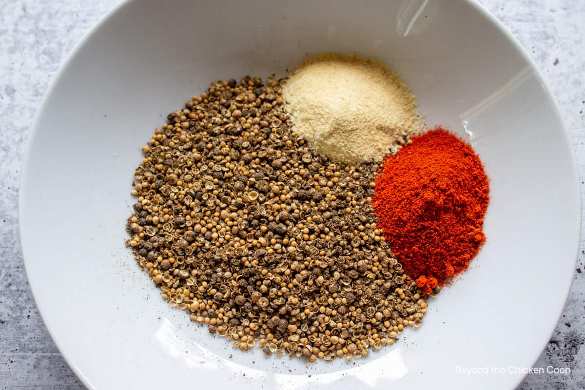 Ground spices with garlic powder and paprika.