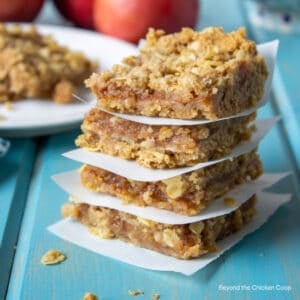 A stack of four oatmeal bars with an applesauce filling.