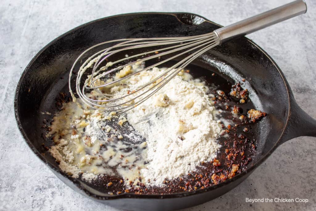 Flour in a cast iron pan.