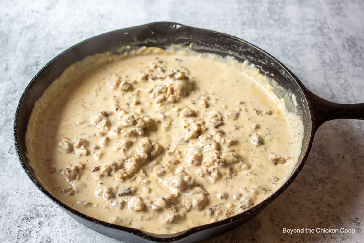 Creamy gravy with sausage.