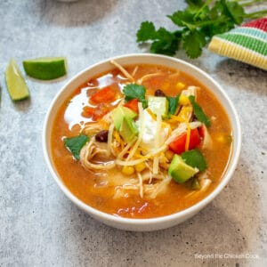 A bowl filled with soup topped with cheese and avocado.