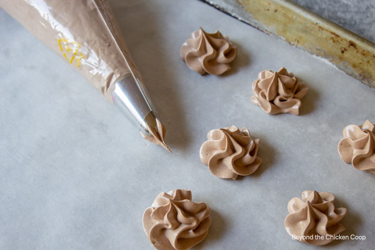 Piping meringue stars onto parchment paper.