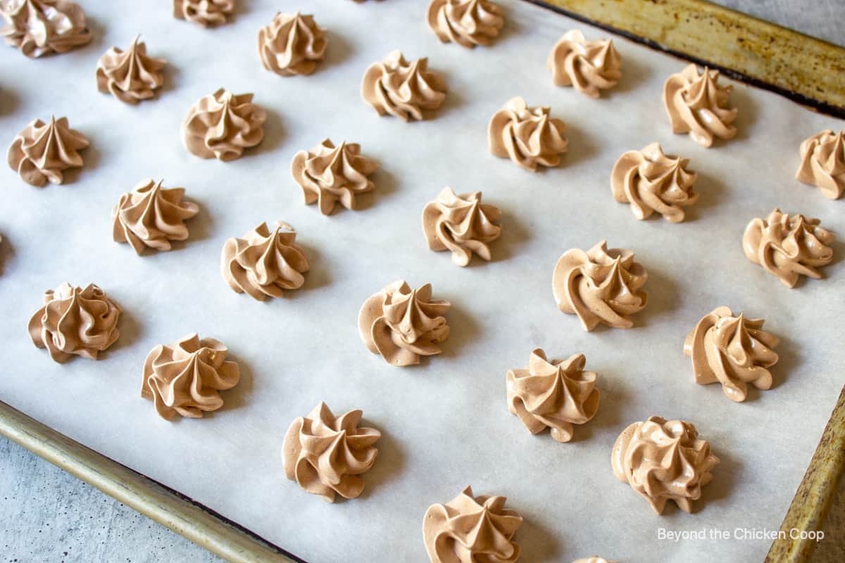 Piped meringue on a cookie sheet.