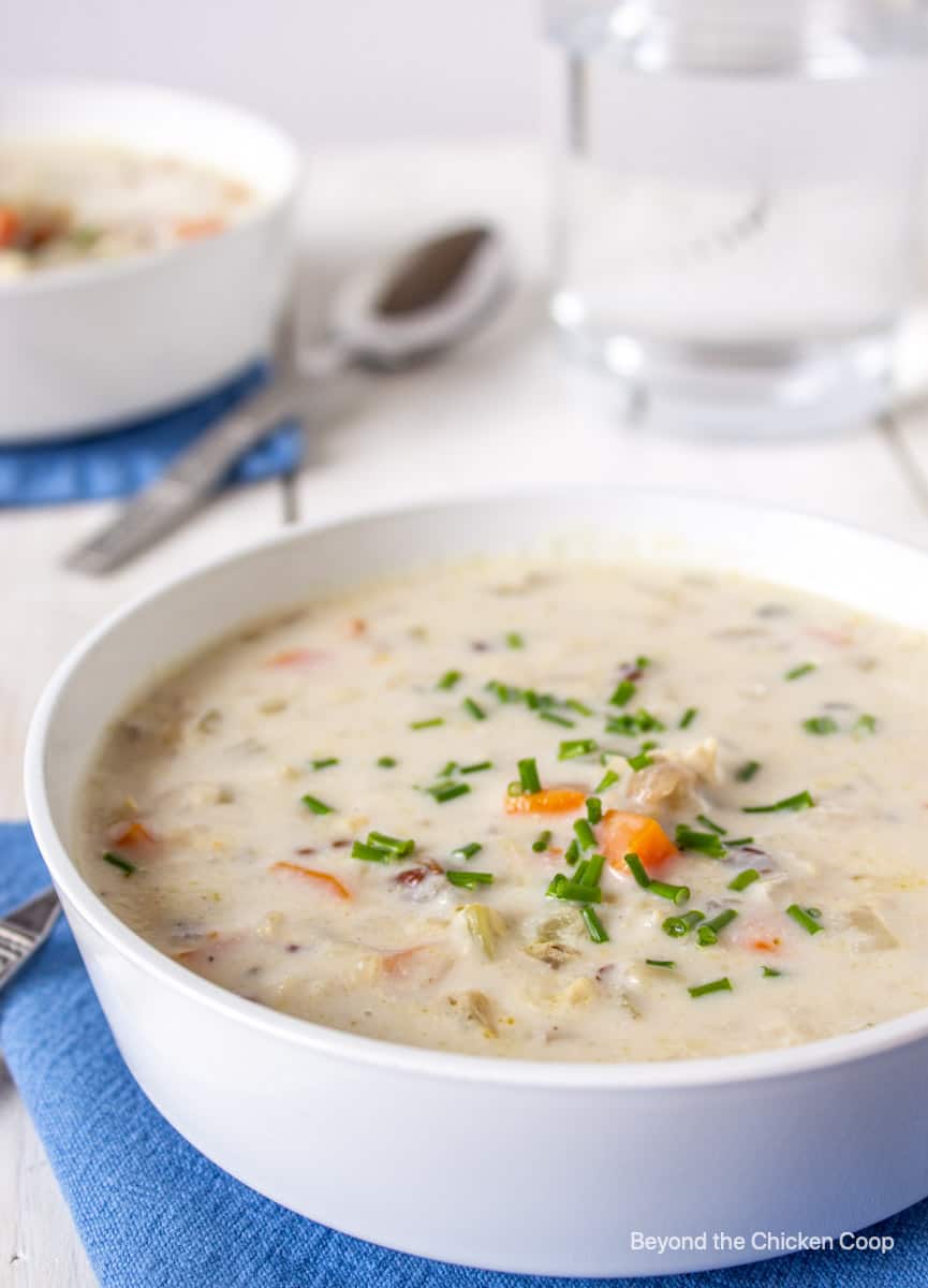 A bowl of creamy soup with chicken and rice.