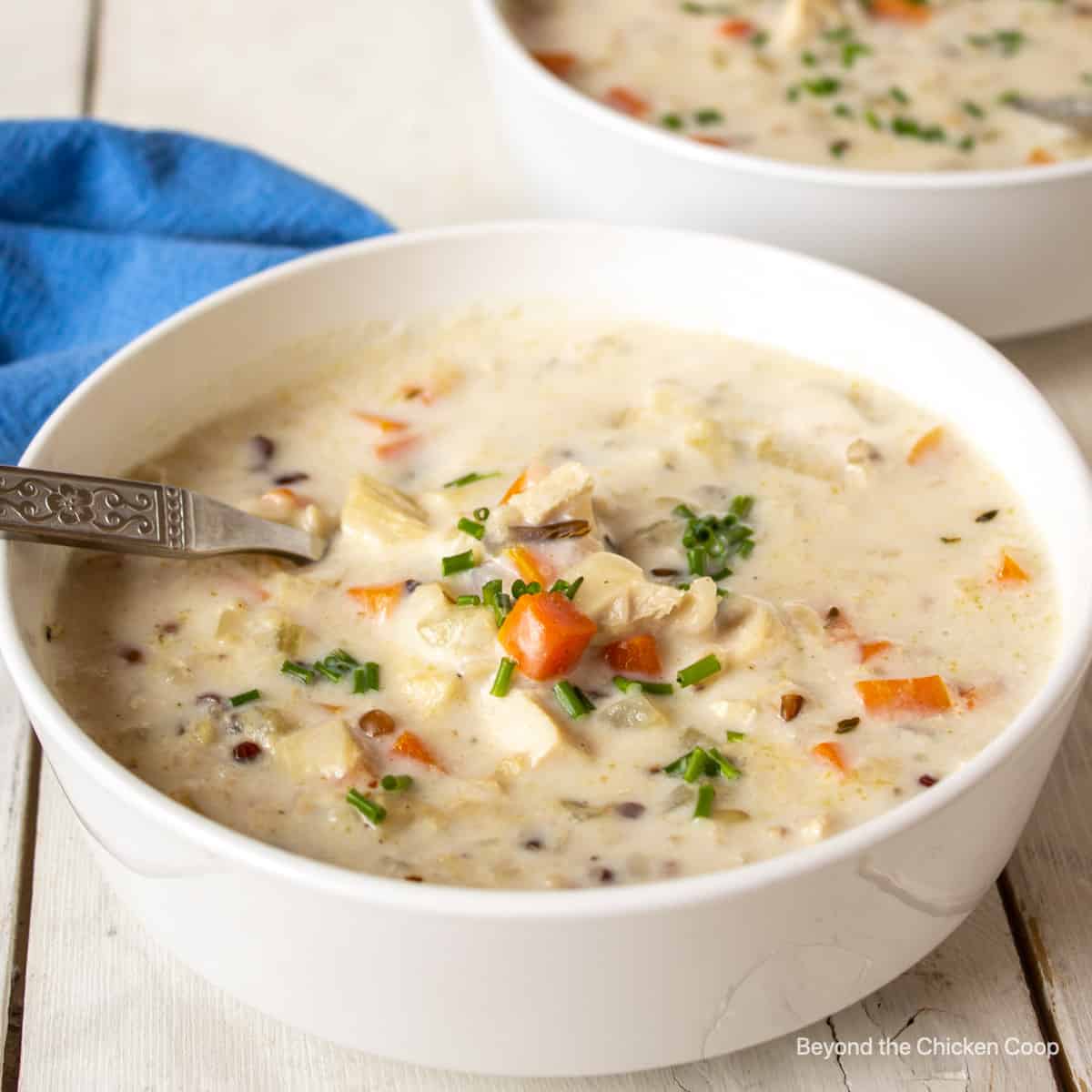 A bowl filled with a creamy white soup.