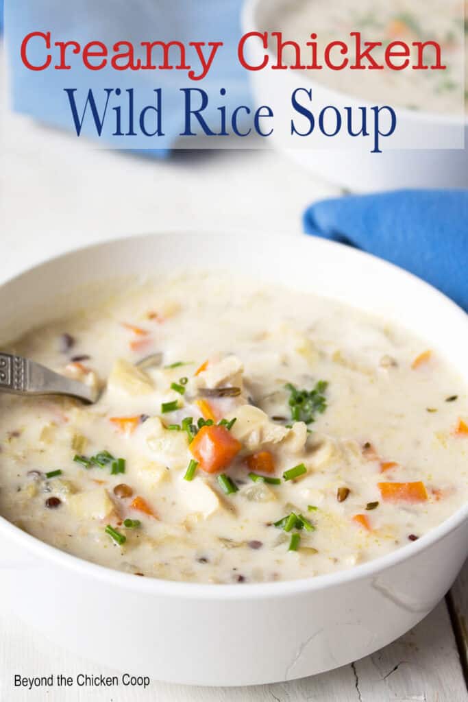 A bowl of creamy soup with chicken and veggies.