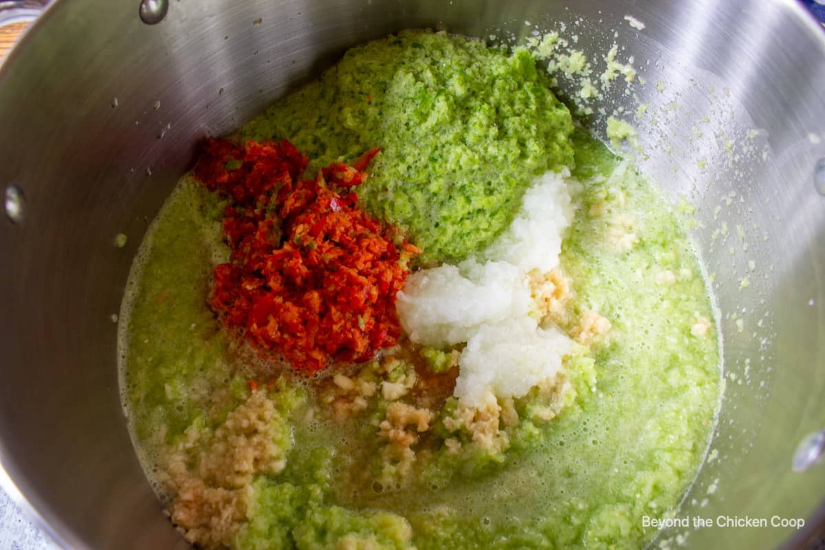 Pureed veggies in a large stockpot.