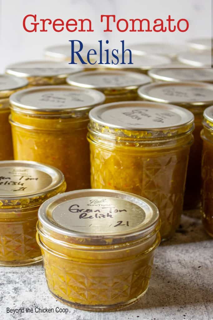 Canning jars filled with homemade green relish.