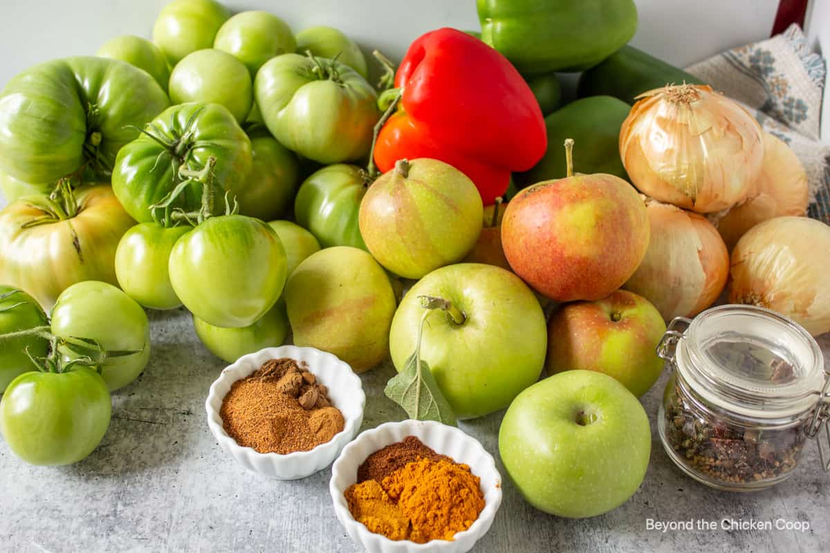 Ingredients for making green tomato relish. 