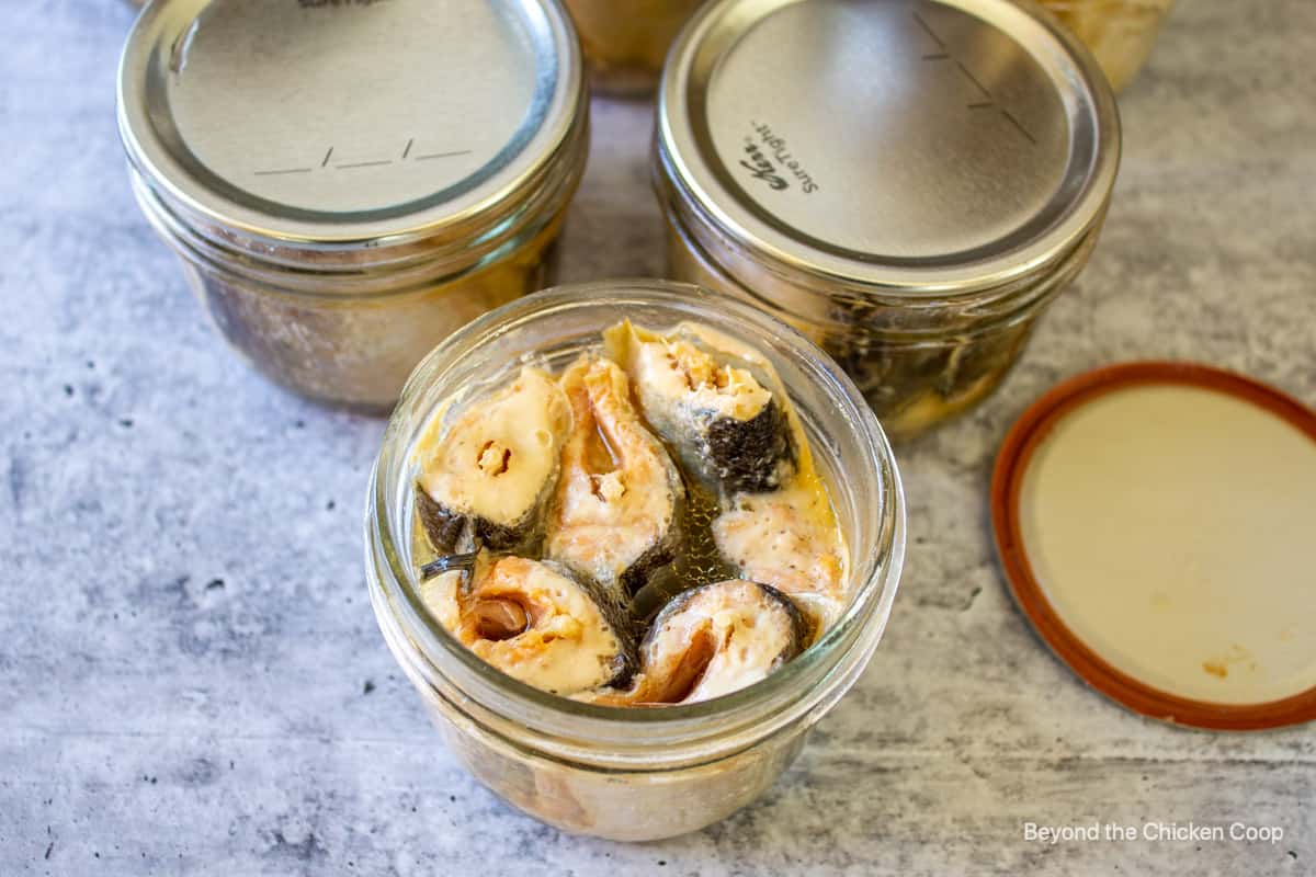 Canned salmon in a jar.