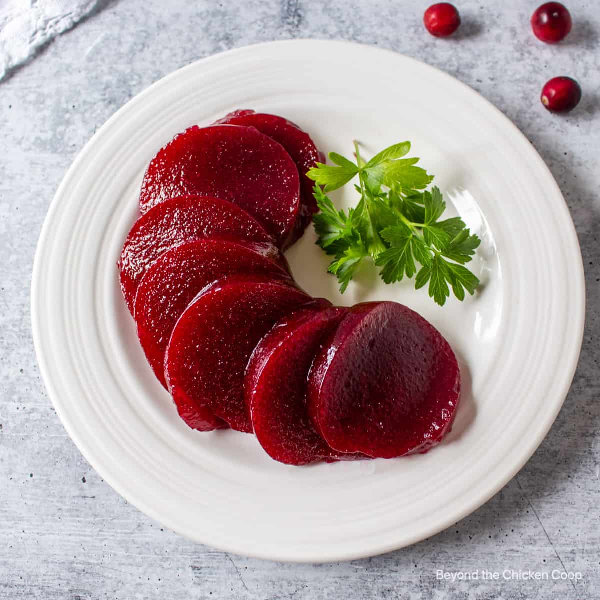 Slices of cranberry sauce with a sprig of parsley.