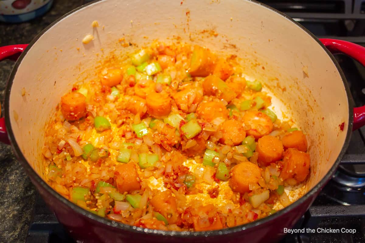 Cooking veggies in a heavy pot.