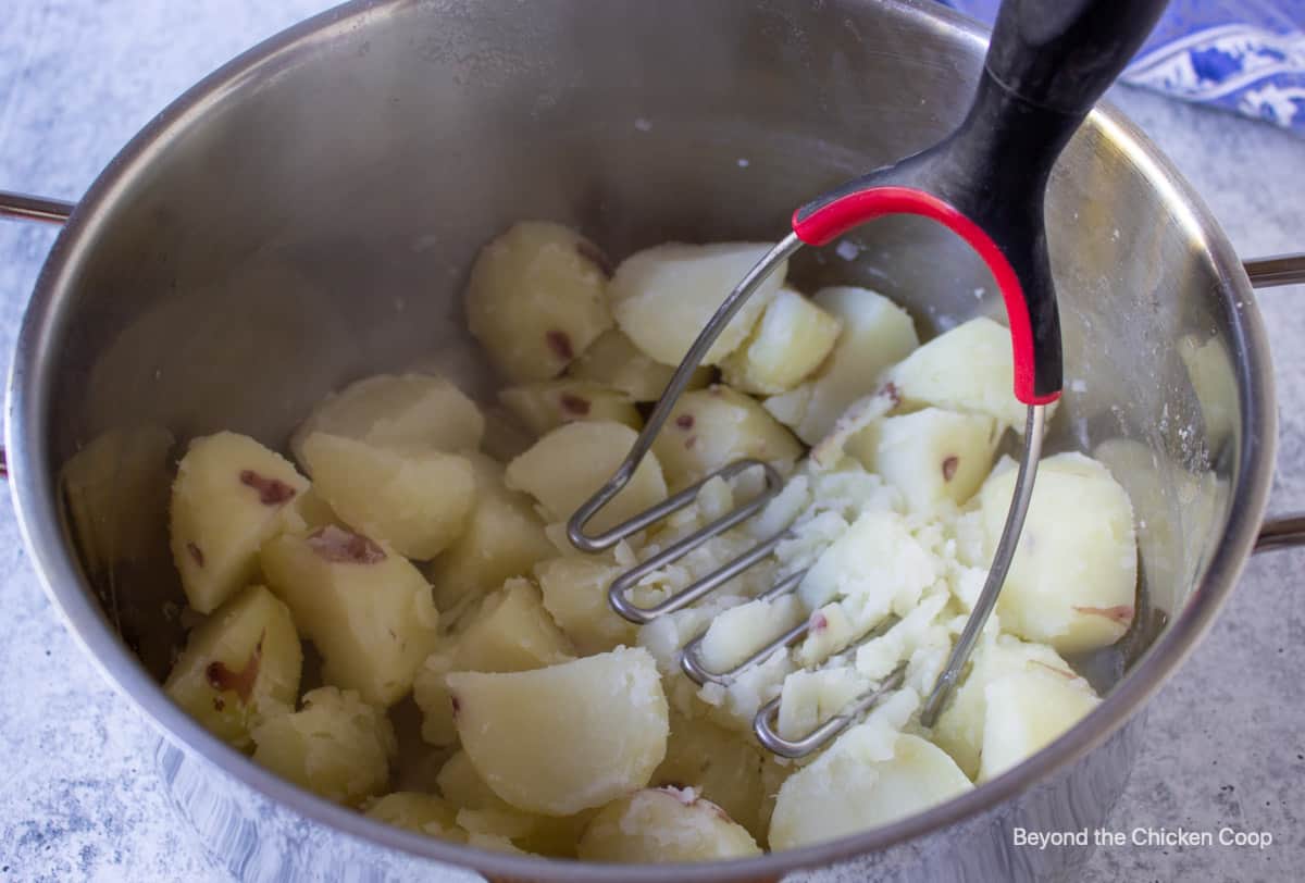 Cooked potatoes in a pot with a masher.