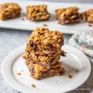 A stack of oatmeal bars with chocolate chips.