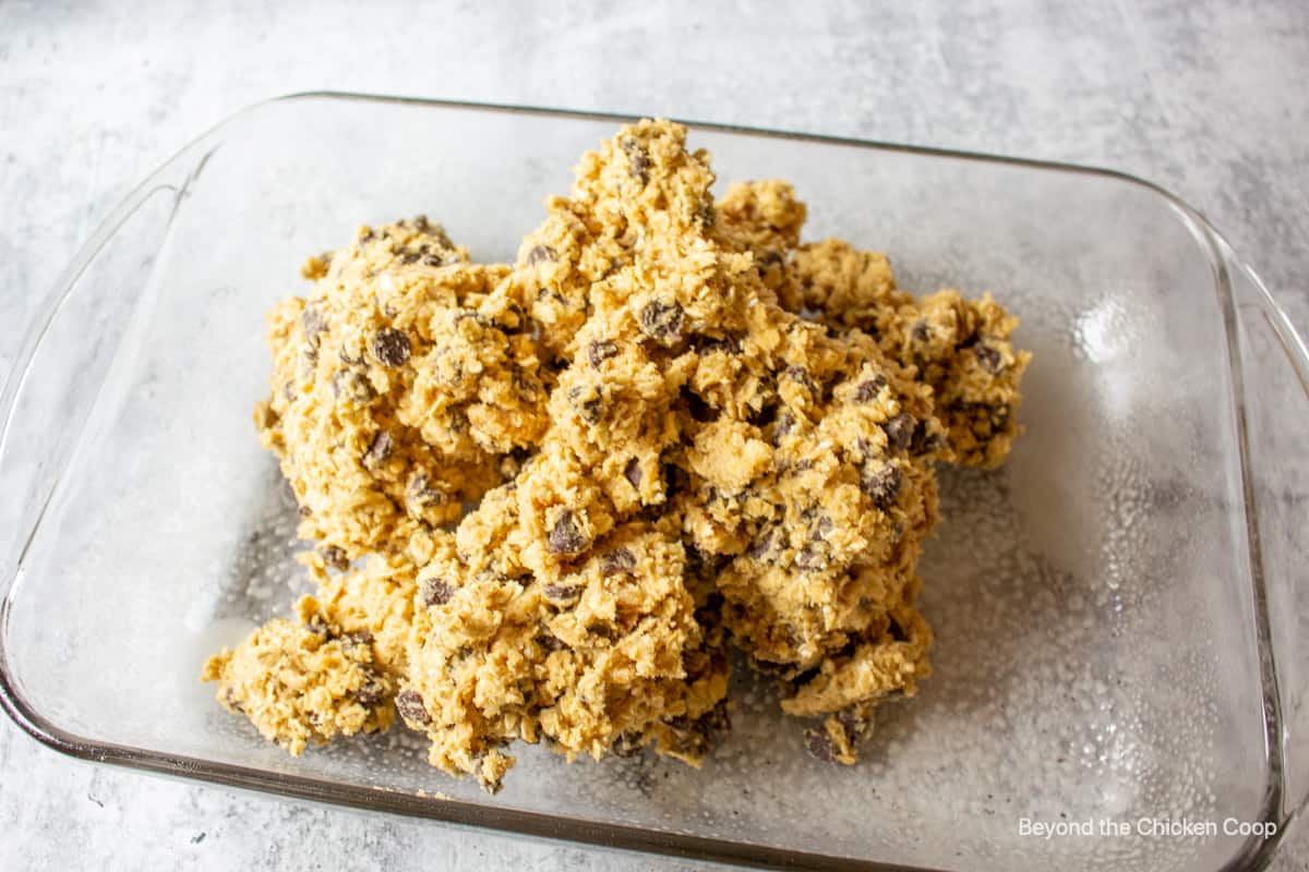 Cookie dough in a baking dish.