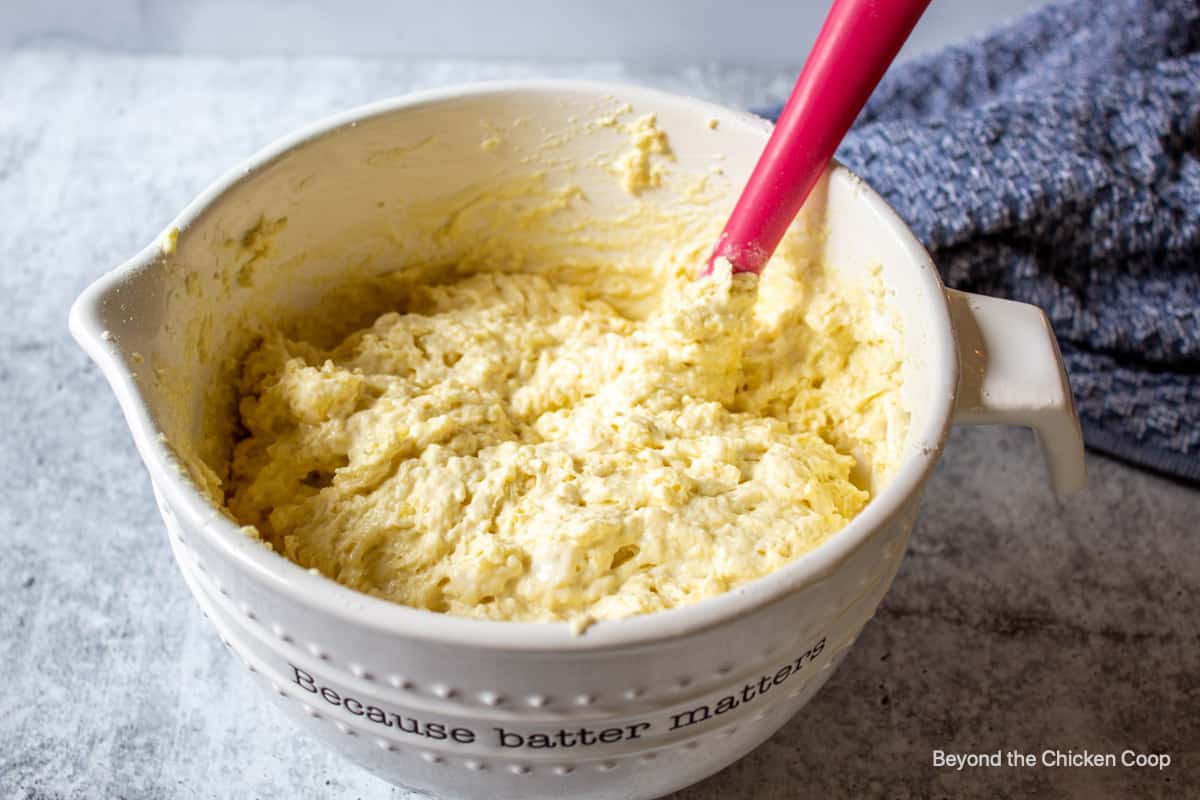 Biscuit batter in a large mixing bowl.