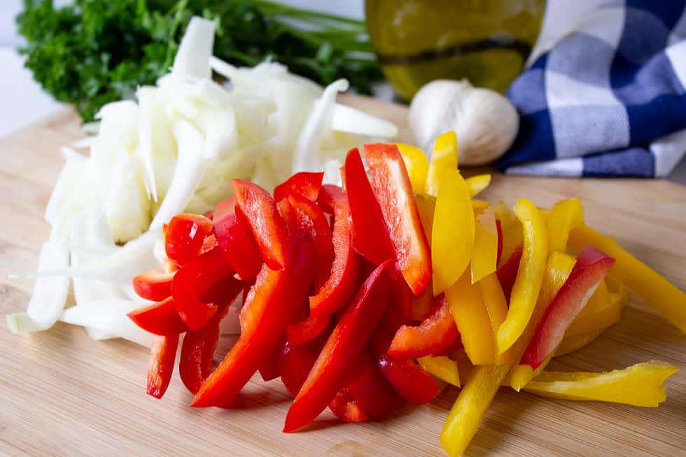 Sliced peppers and onions.