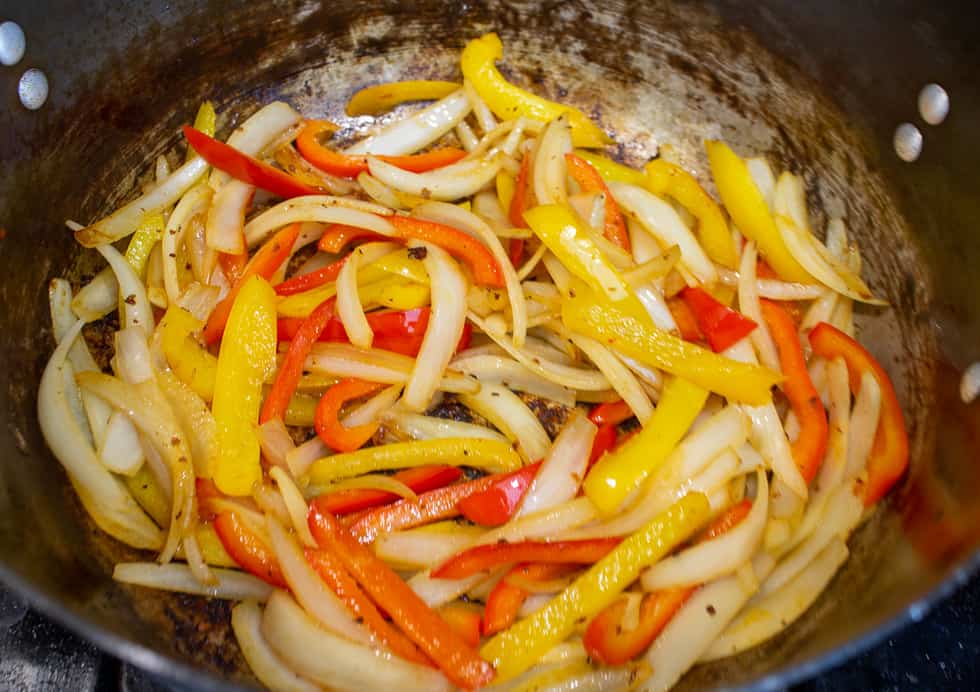 Cooked peppers and onions.