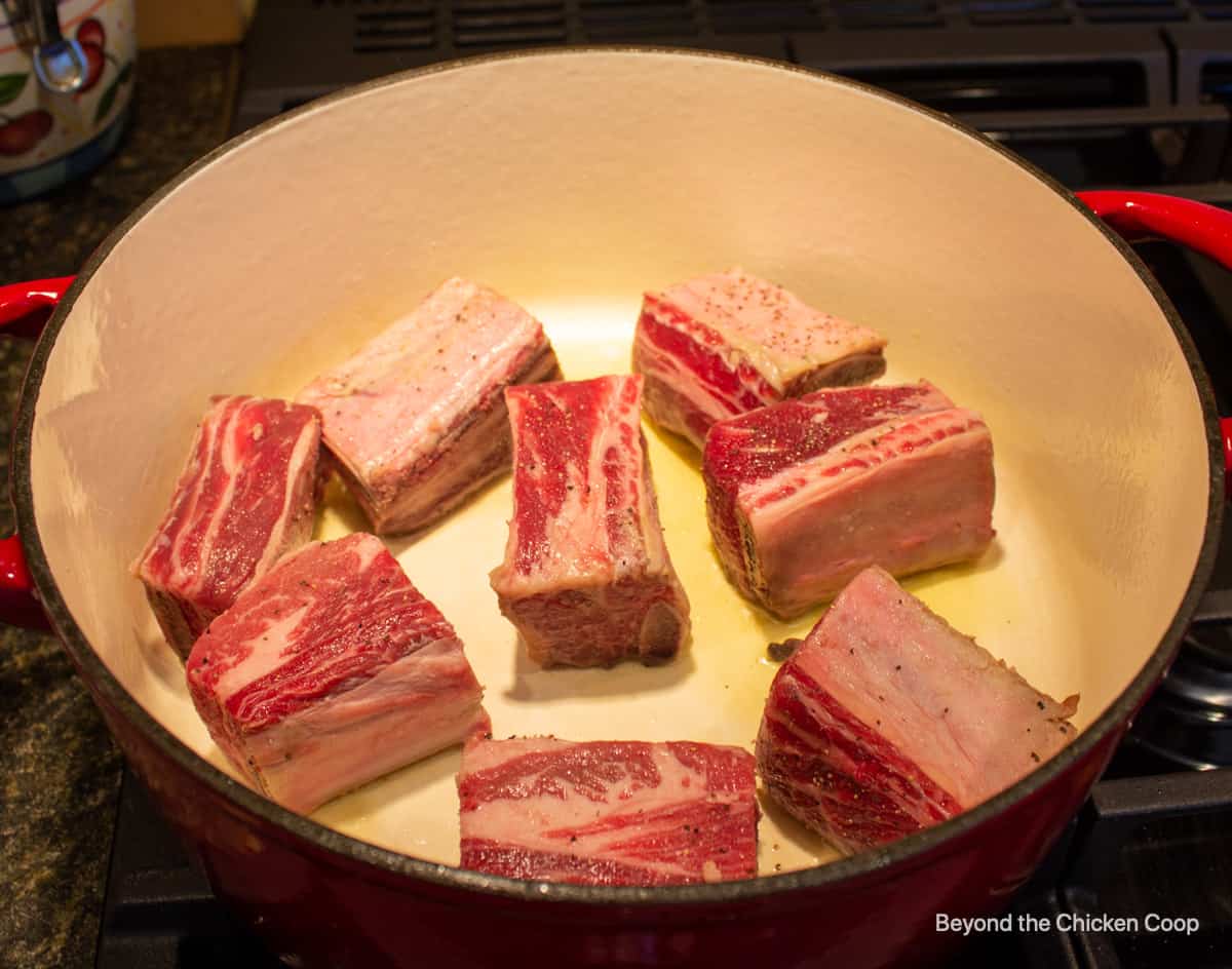 Ribs browning in a pot.