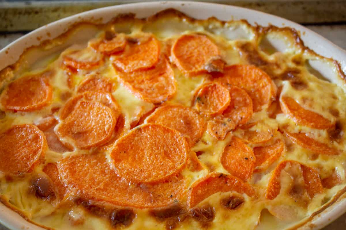 A baked sweet potato au gratin.