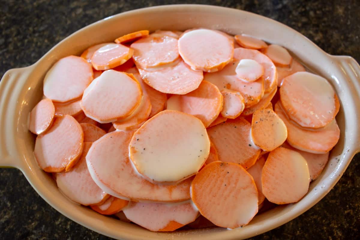 Cream over the top of slice sweet potatoes.